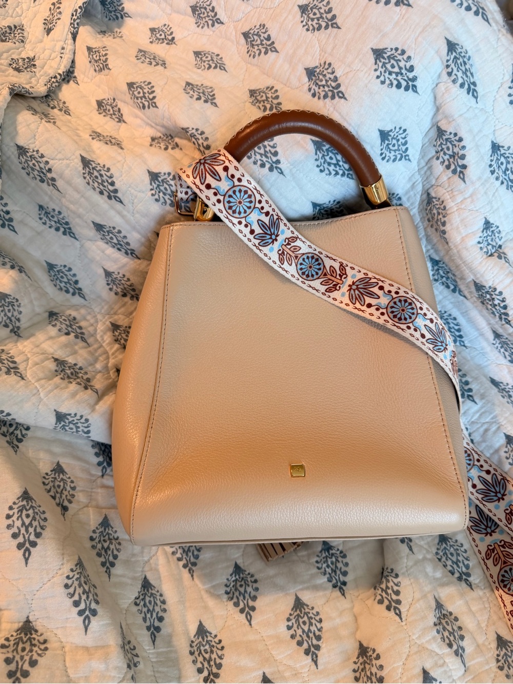 Top-Handle Cream Satchel with Decorative Strap